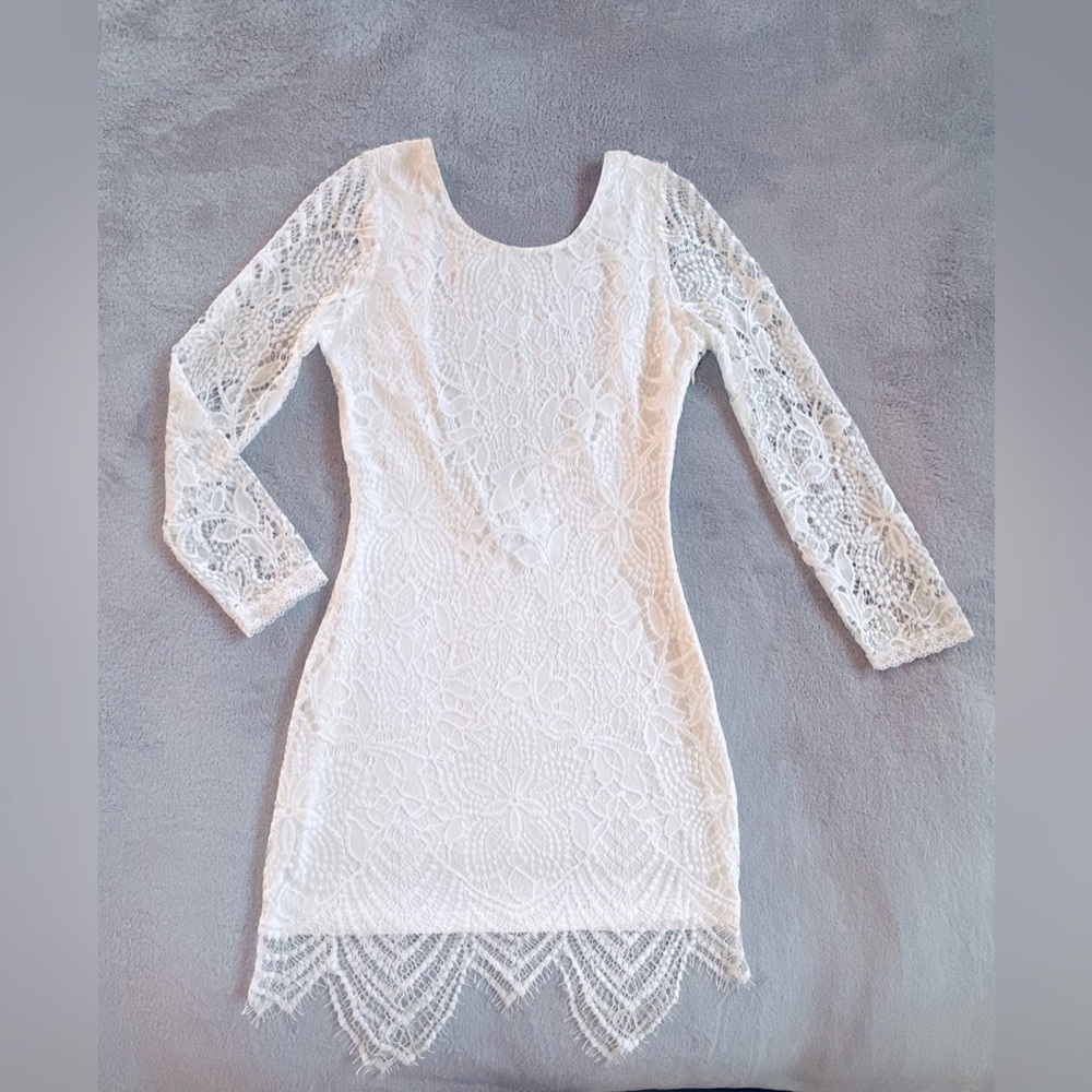 Lovers + Friends Womens White Long Sleeve Open Back Lace Overlay Dress S